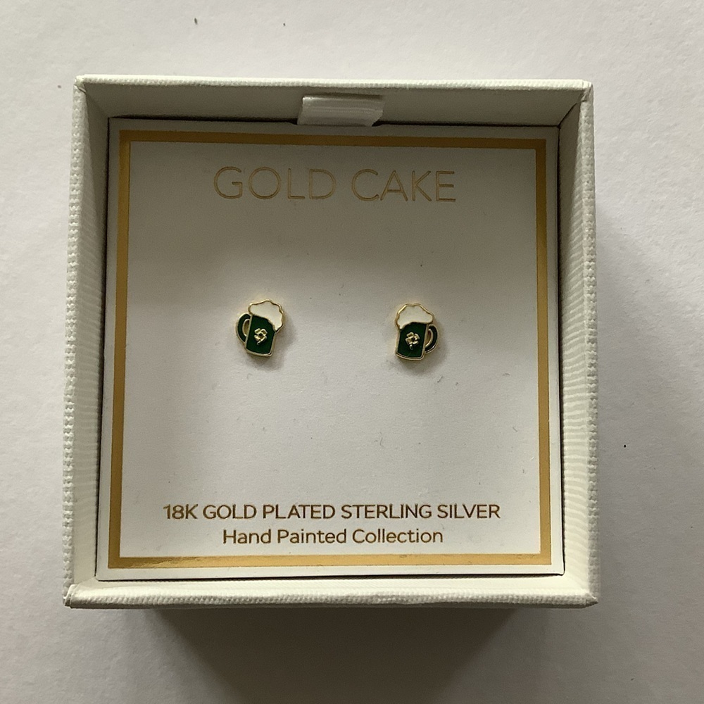 Gold Cake Beer Mug Stein Hand Painted Stud Earrings New In Box